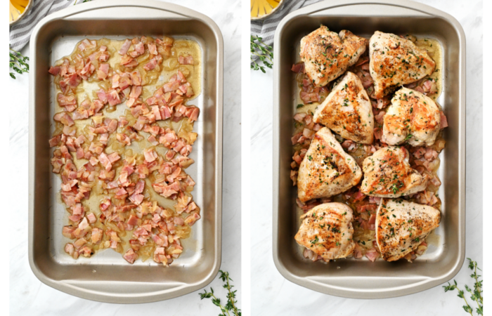 adding chicken to bacon onions