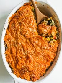 spoonful of baked Shepherd's Pie with sweet potatoes