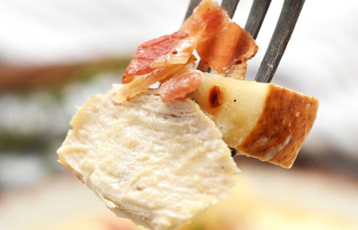 a bite chicken, bacon, pear