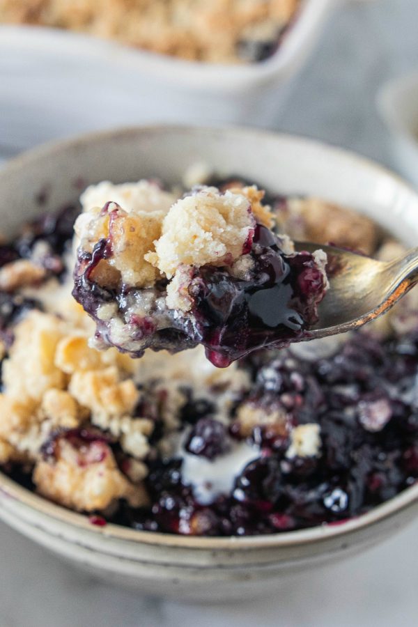 spoonful of blueberry crunch dessert