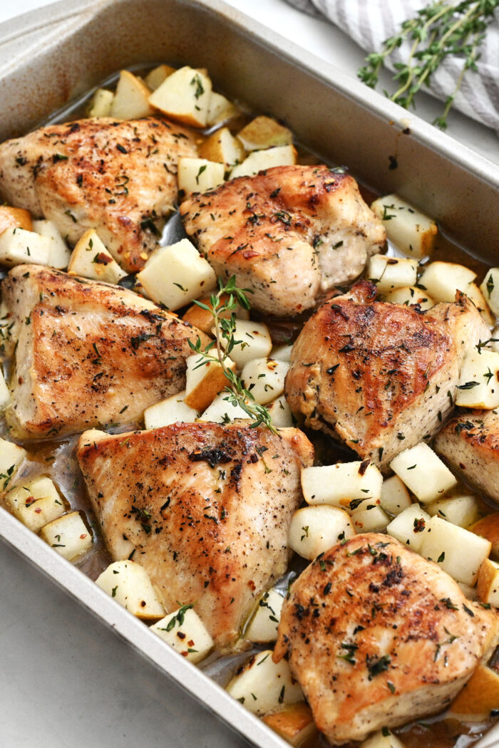 baked chicken and pears with bacon