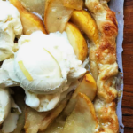 a pear tart made with puff pastry served with ice cream