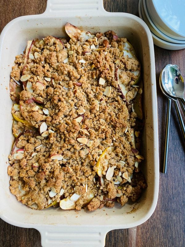 a 9x13 pan of Apple Pear Crumble Without Oats