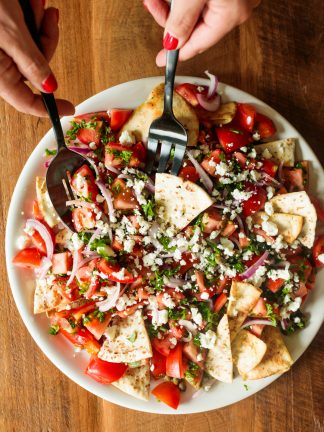 Serving a Mediterranean Tomato Salad with Za’atar Pita Chips