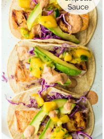 3 mahi mahi tacos with chipotle sauce and mango