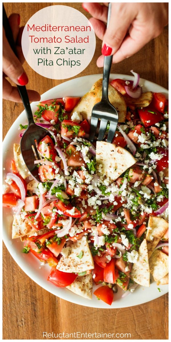 dishing up a Mediterranean Tomato Salad with Za’atar Pita Chips