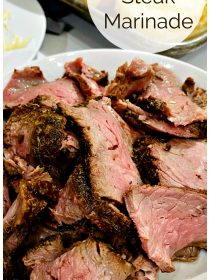 a plate of sliced New York Steak