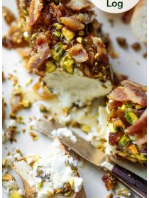 bacon and pistachios on a goat cheese log