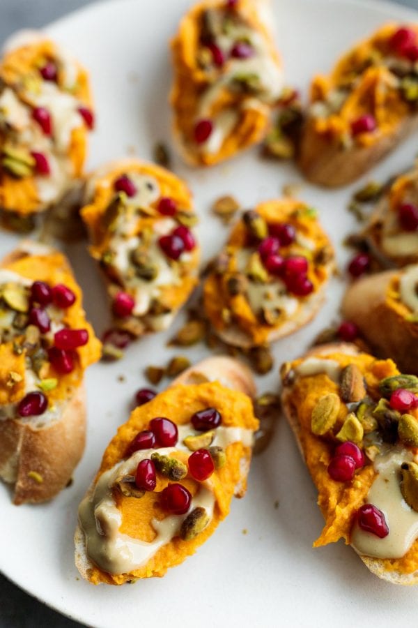 appetizer plalte of Sweet Potato Garlic Crostini