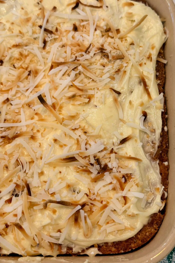 a creamy frosted cake