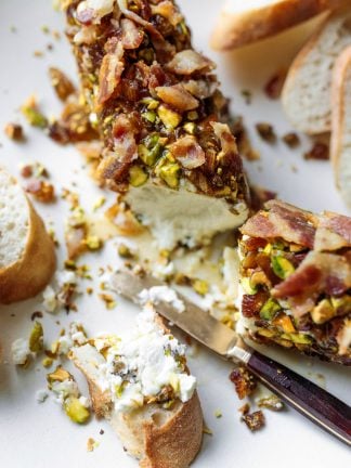 goat cheese log with bacon and pistachios
