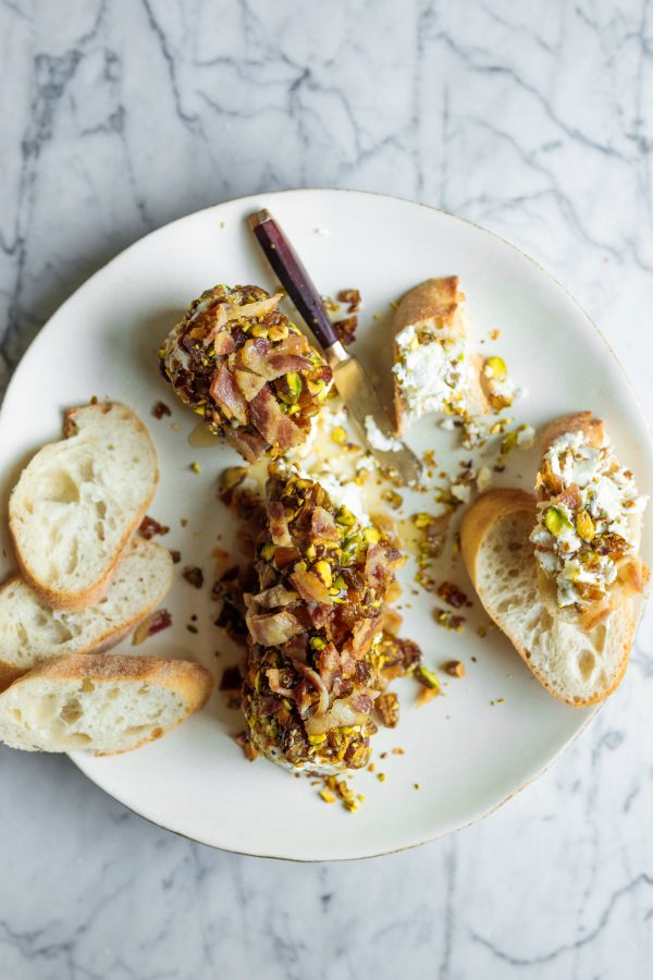 Pistachio Bacon Date Cheese Log with crostini
