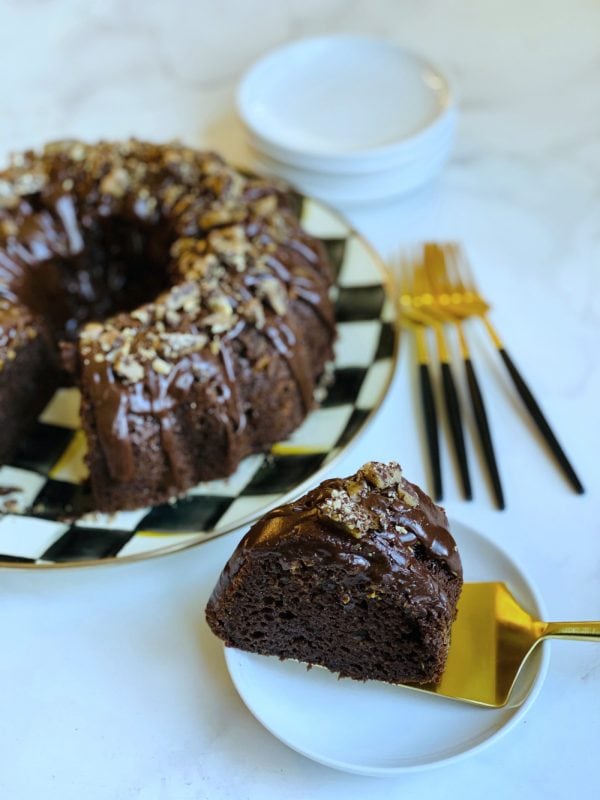 a pieces of Toffee Crunch Chocolate Bundt Cake