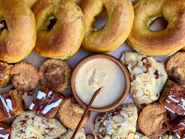 pumpkin bagels with pumpkin cream cheese and scones