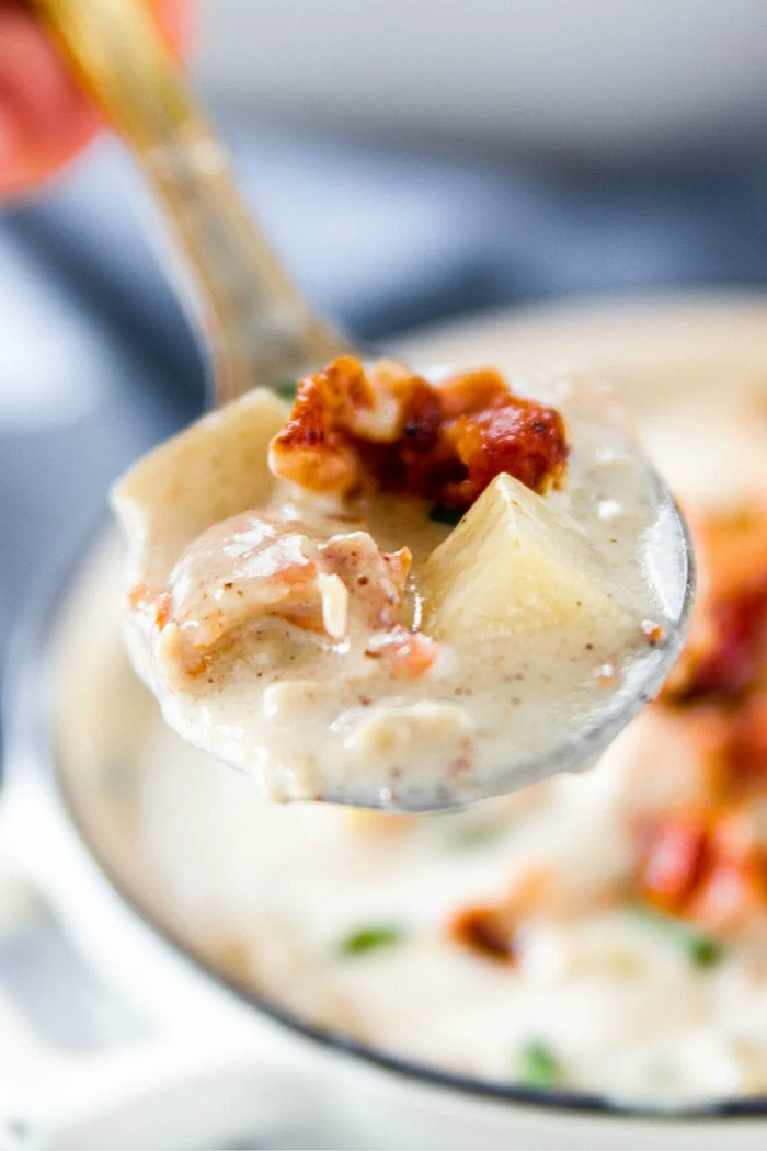 creamy bite of chowder with bacon