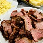 a plate of cooked, sliced steak