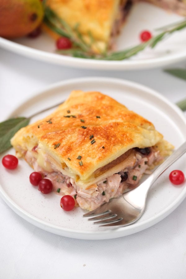 a square serving of Cranberry Pear Turkey Crescent Braid