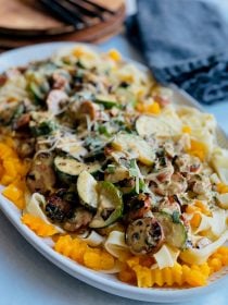 close up Squash Fettuccine Alfredo with butternut squash