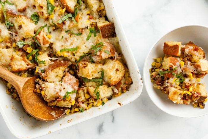 a bowl of Pancetta Ciabatta Corn Pudding