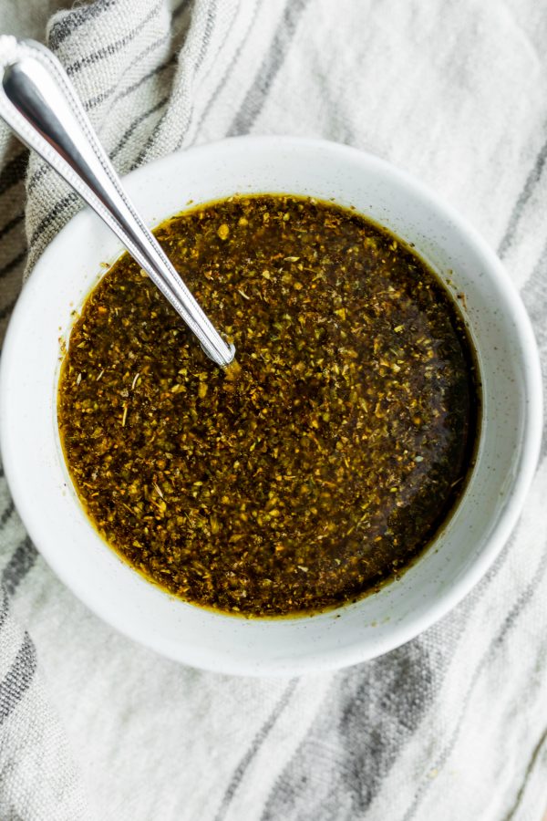 white bowl of homemade Lemon Balsamic Dressing