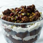 clear bowl of layered Brownie Black Forest Trifle