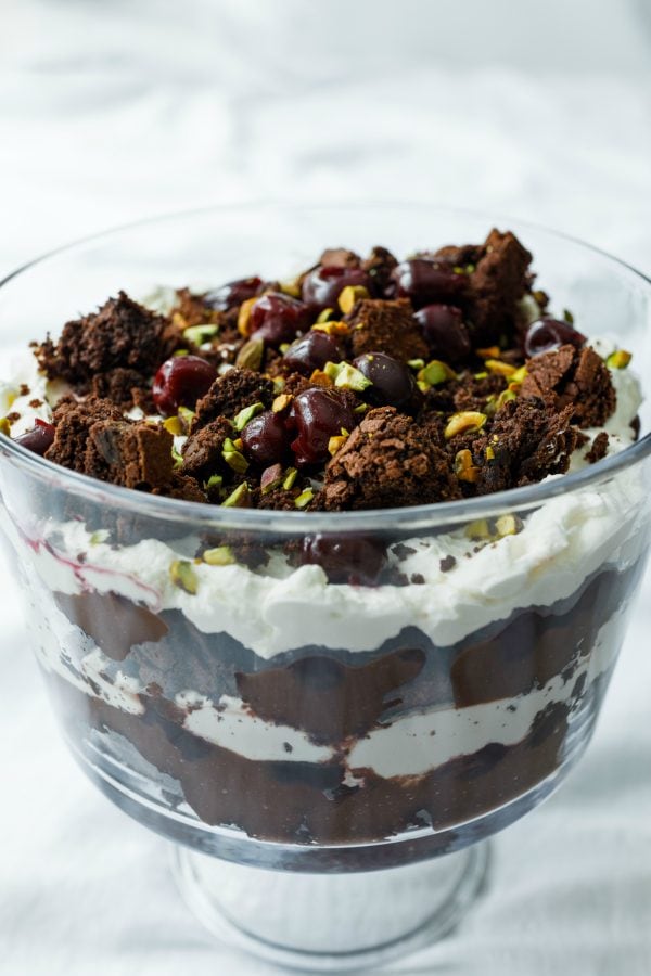 clear bowl of layered Brownie Black Forest Trifle