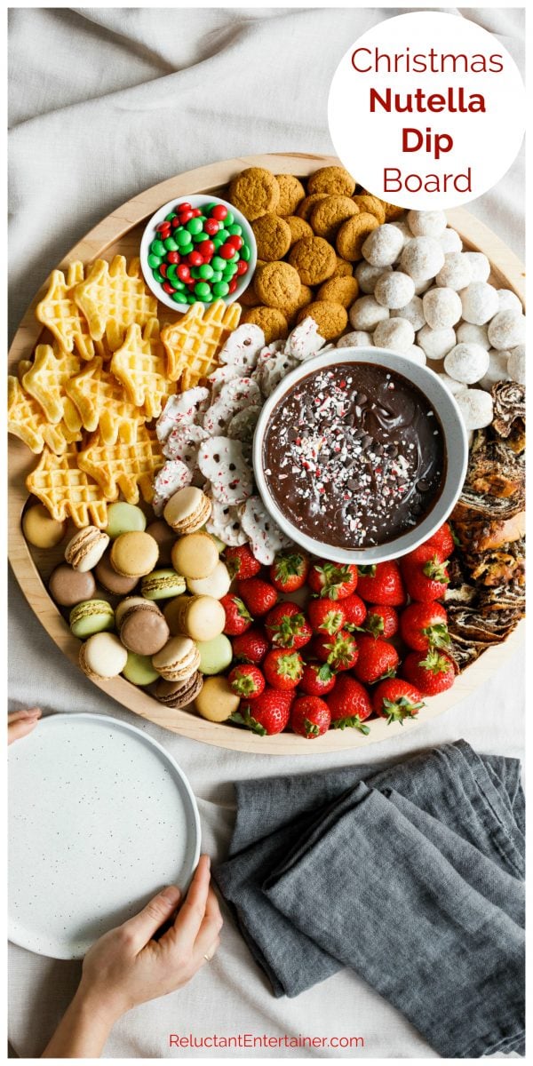 round dessert board with nutella dip