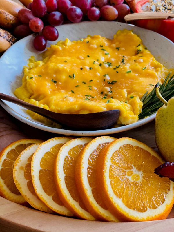 scrambled eggs in a white dish