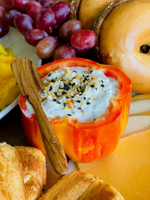 bell pepper filled with an 'everything but bagel" dip