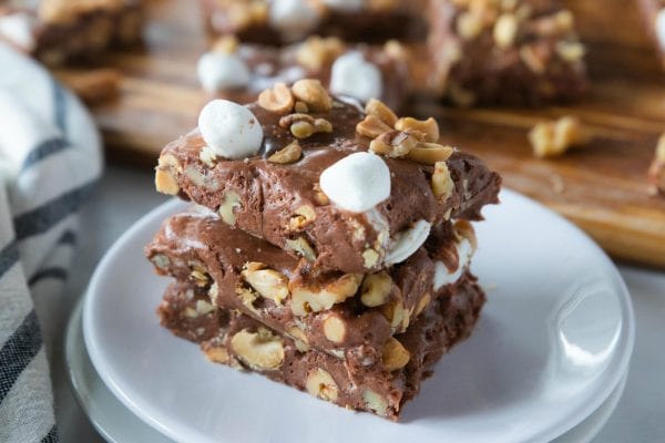3 stacked pieces of best rocky road fudge