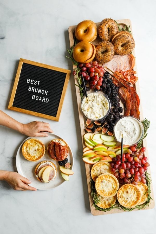 best brunch board spread with bagels and dips
