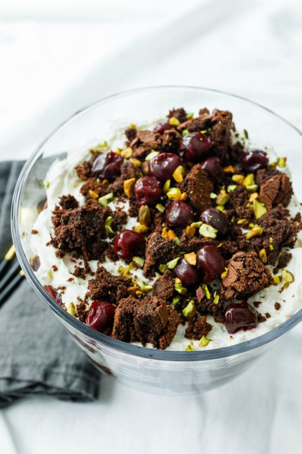 brownie chunks, cherries and pistachios on Brownie Black Forest Trifle
