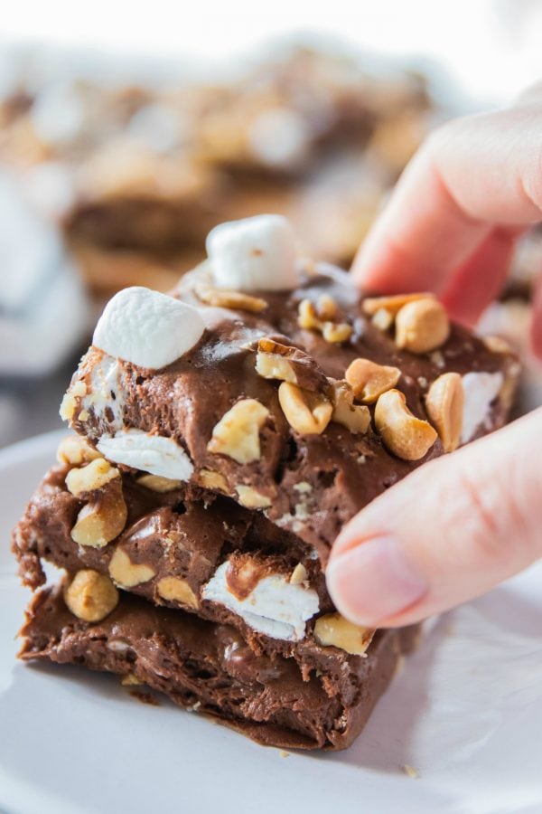 stacking 3 pieces of rocky road fudge