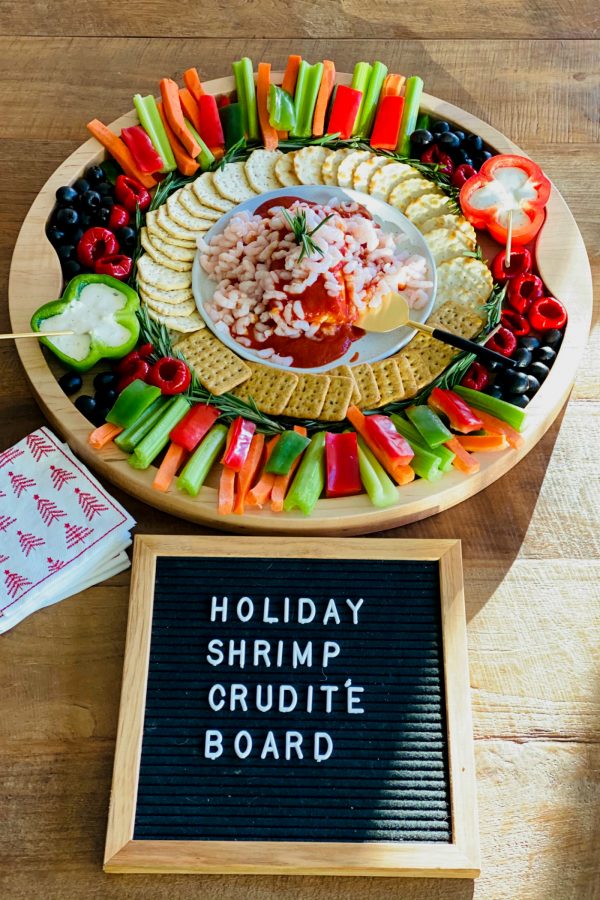 Holiday Shrimp Cocktail Crudités with a black sign