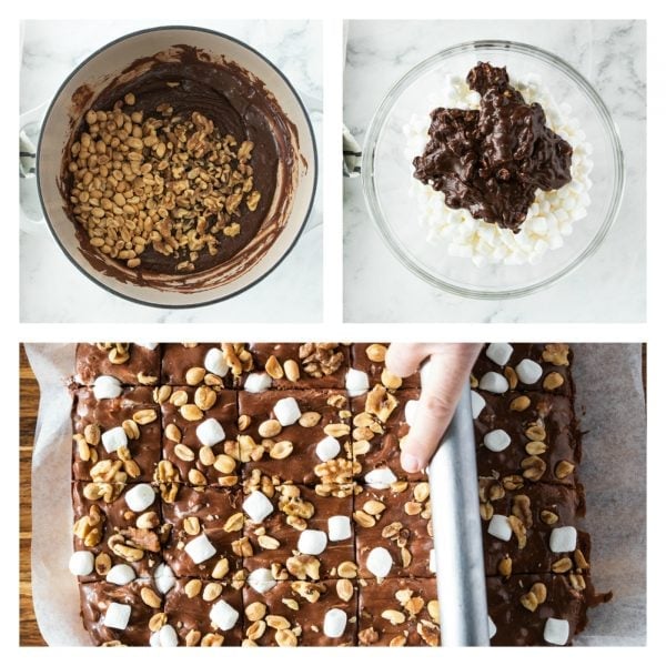 making rocky road fudge with walnuts and peanuts