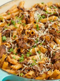 close up Sugo di Carne with penne pasta