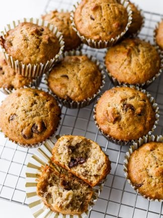 a rack of Banana Chocolate Chip Muffins