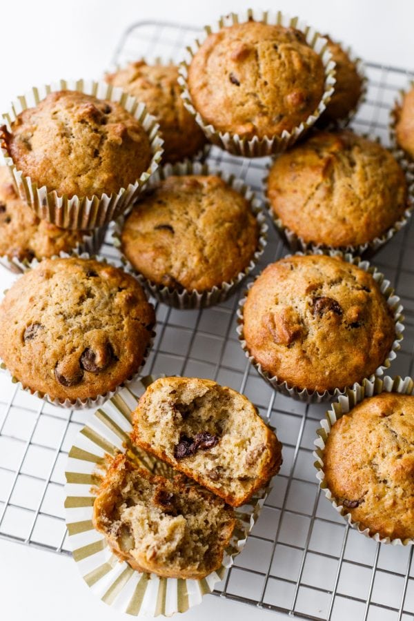 a rack of Banana Chocolate Chip Muffins