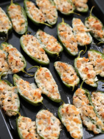 close up Cheesy Baked Jalapeño Poppers with sausage