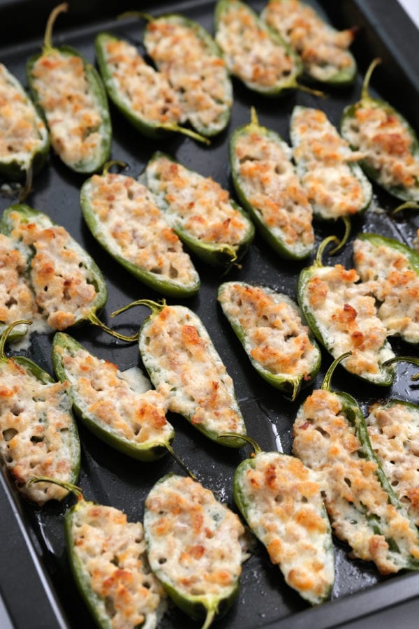 close up Cheesy Baked Jalapeño Poppers with sausage