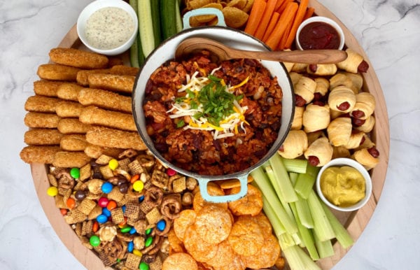chili board with game day snacks