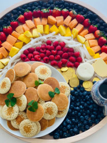 rainbow breakfast board with silver dollar pancakes