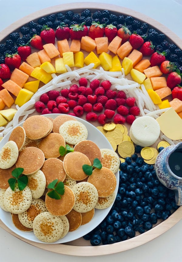 rainbow breakfast board with silver dollar pancakes