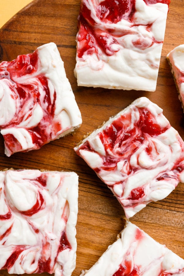 Meyer Lemon Strawberry Bars cut in squares