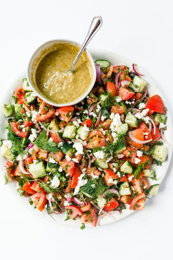 Tahani dip with Tomato Cucumber Herb Salad