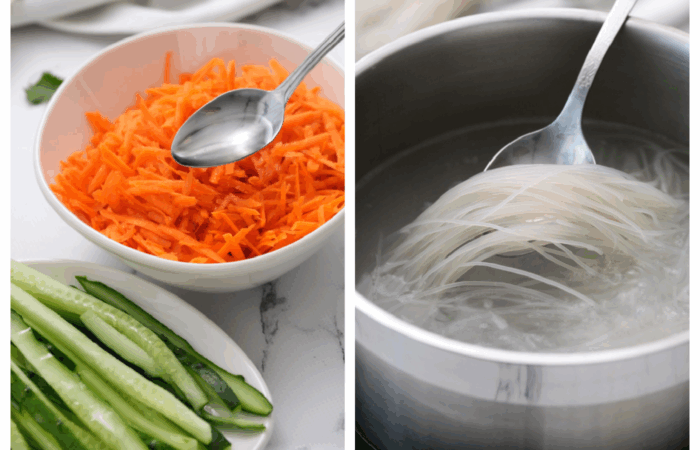 cooking noodles, grating carrots