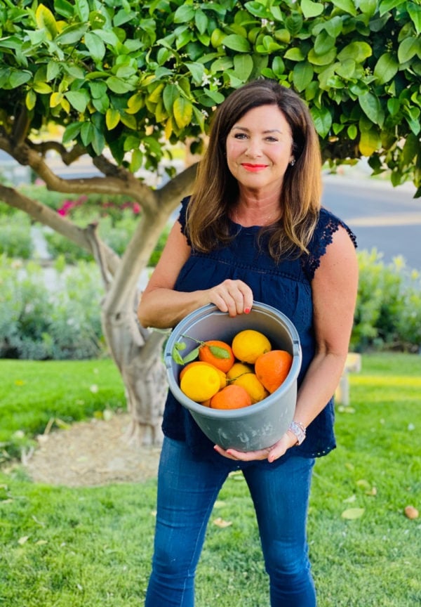 woman holding bucket of oranges and Meyer lemons