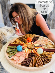 a round dog charcuterie board with a whoodle dog