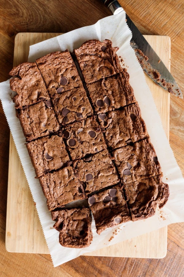 cutting a square of Mexican Chocolate Brownies Recipe