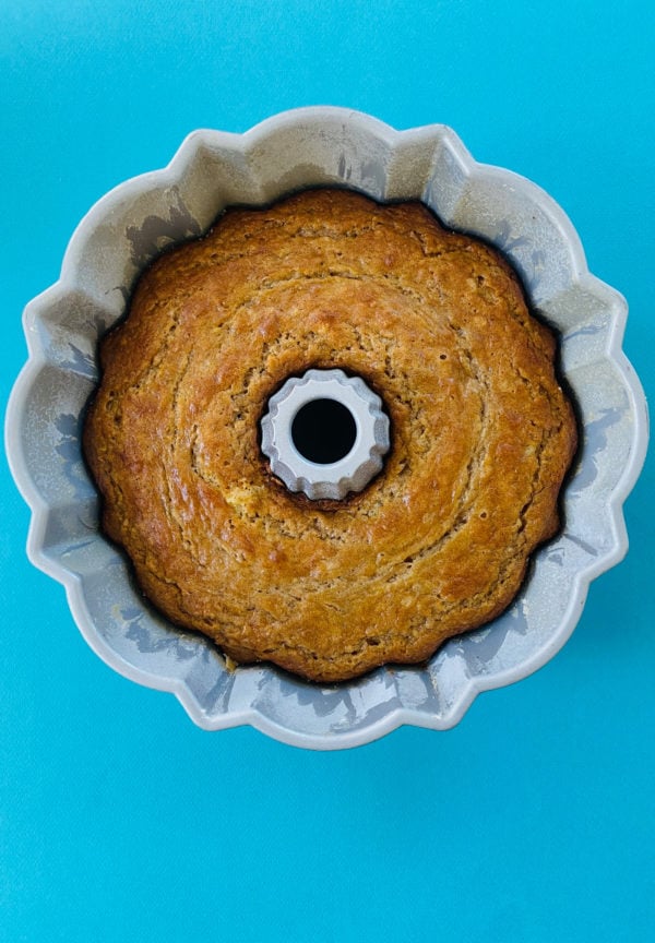 Banana Bundt Cake still in the bundt pan